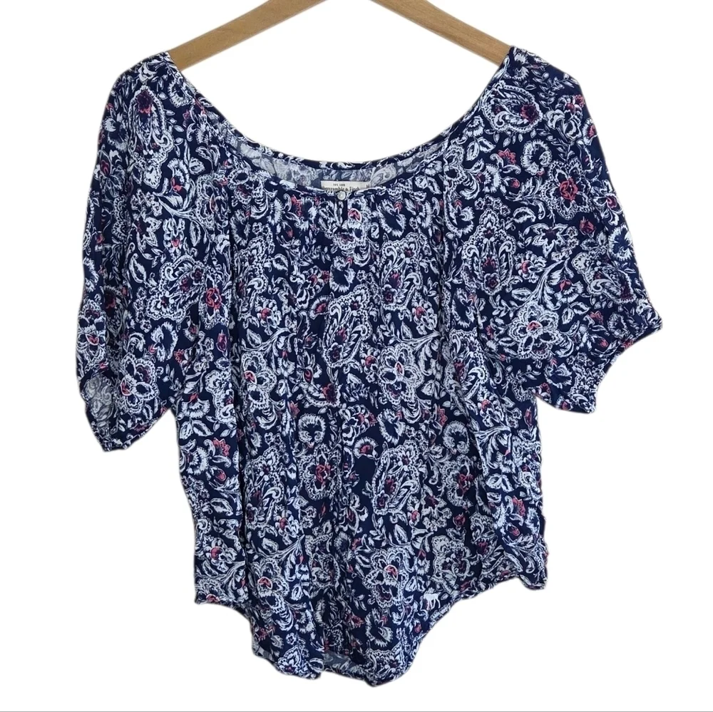 Abercrombie & Fitch | Navy White Pink Print Boho Puff Sleeve Top Round Hem